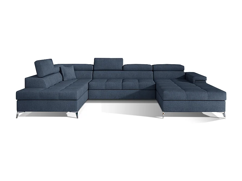 Canapé panoramique tissu bleu jean coffre de rangement à gauche Kutty 345cm