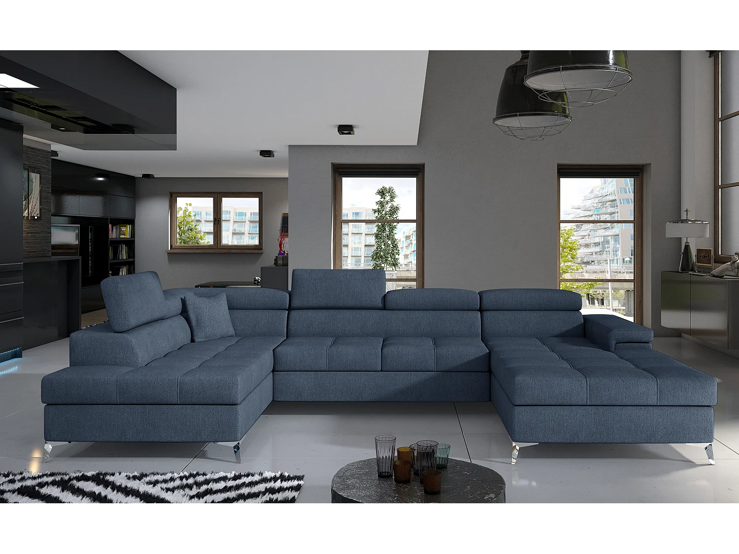 Canapé panoramique tissu bleu jean coffre de rangement à gauche Kutty 345cm