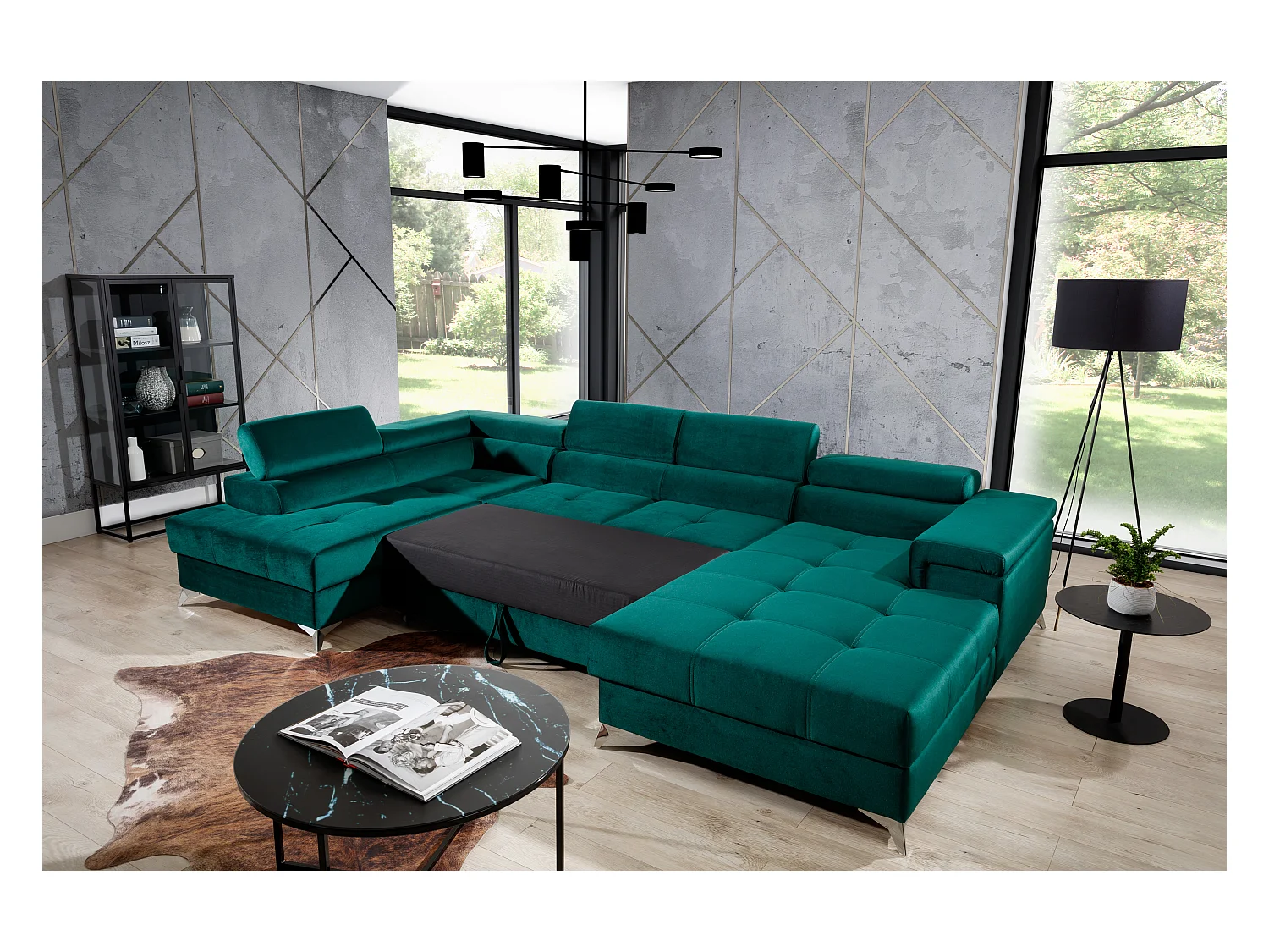 Canapé panoramique tissu bleu jean coffre de rangement à gauche Kutty 345cm