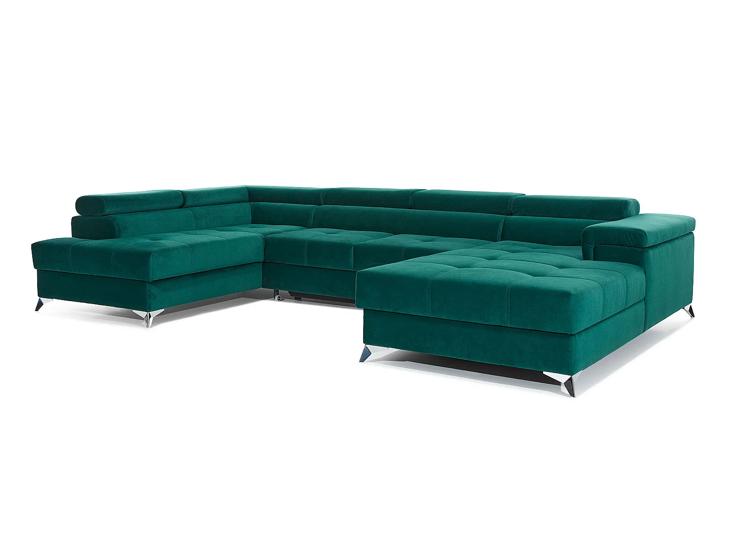 Canapé panoramique tissu bleu jean coffre de rangement à gauche Kutty 345cm