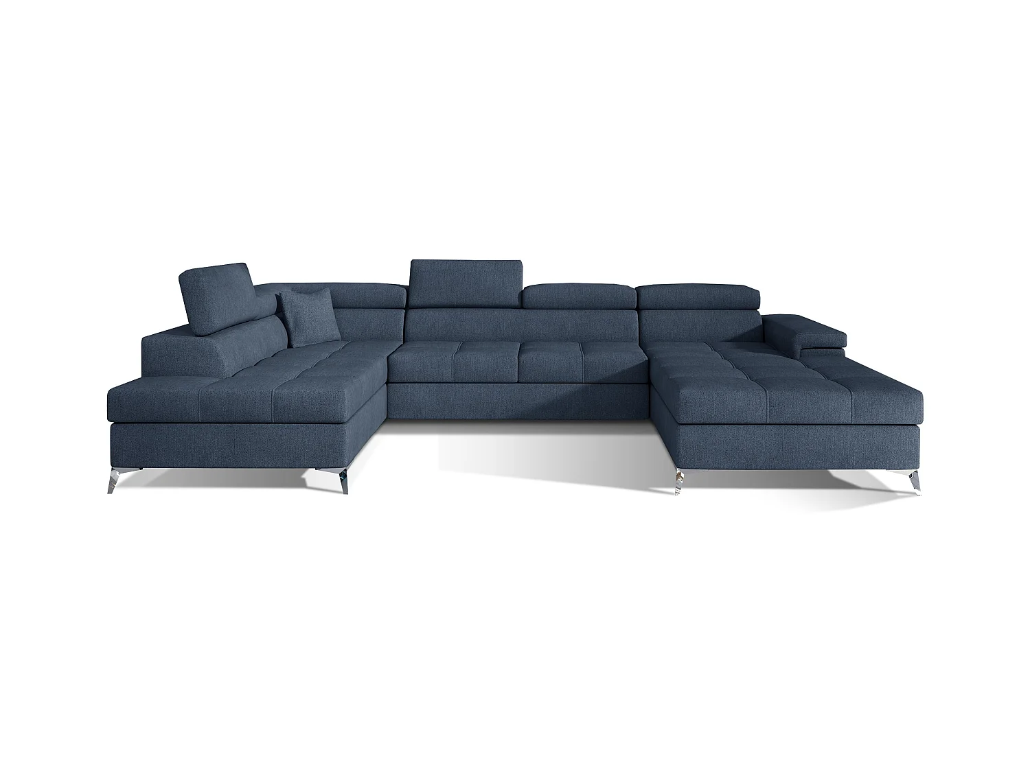 Canapé panoramique tissu bleu jean coffre de rangement à gauche Kutty 345cm