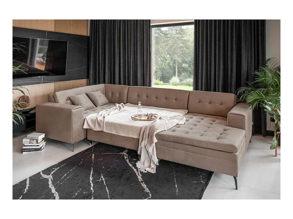 Panoramische converteerbare rechte bank in gewatteerde bruine stof Bonty 340 cm