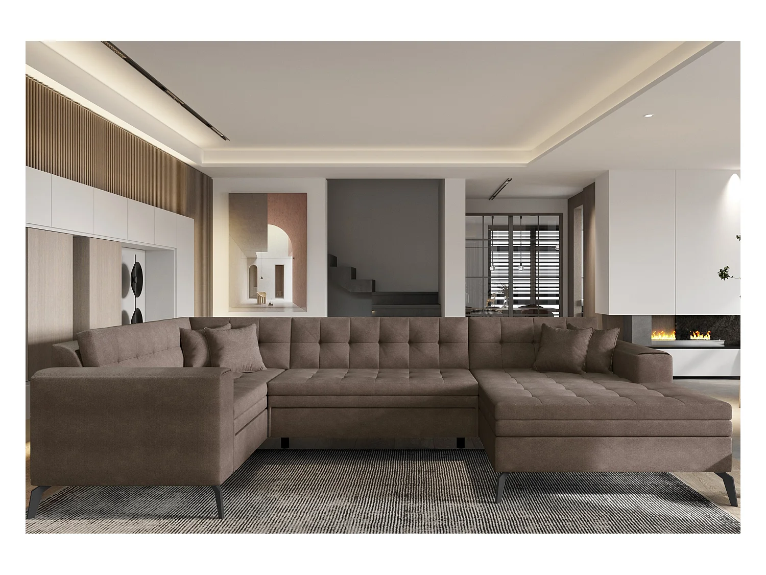 Canapé panoramique convertible droit tissu marron matelassé Bonty 340cm