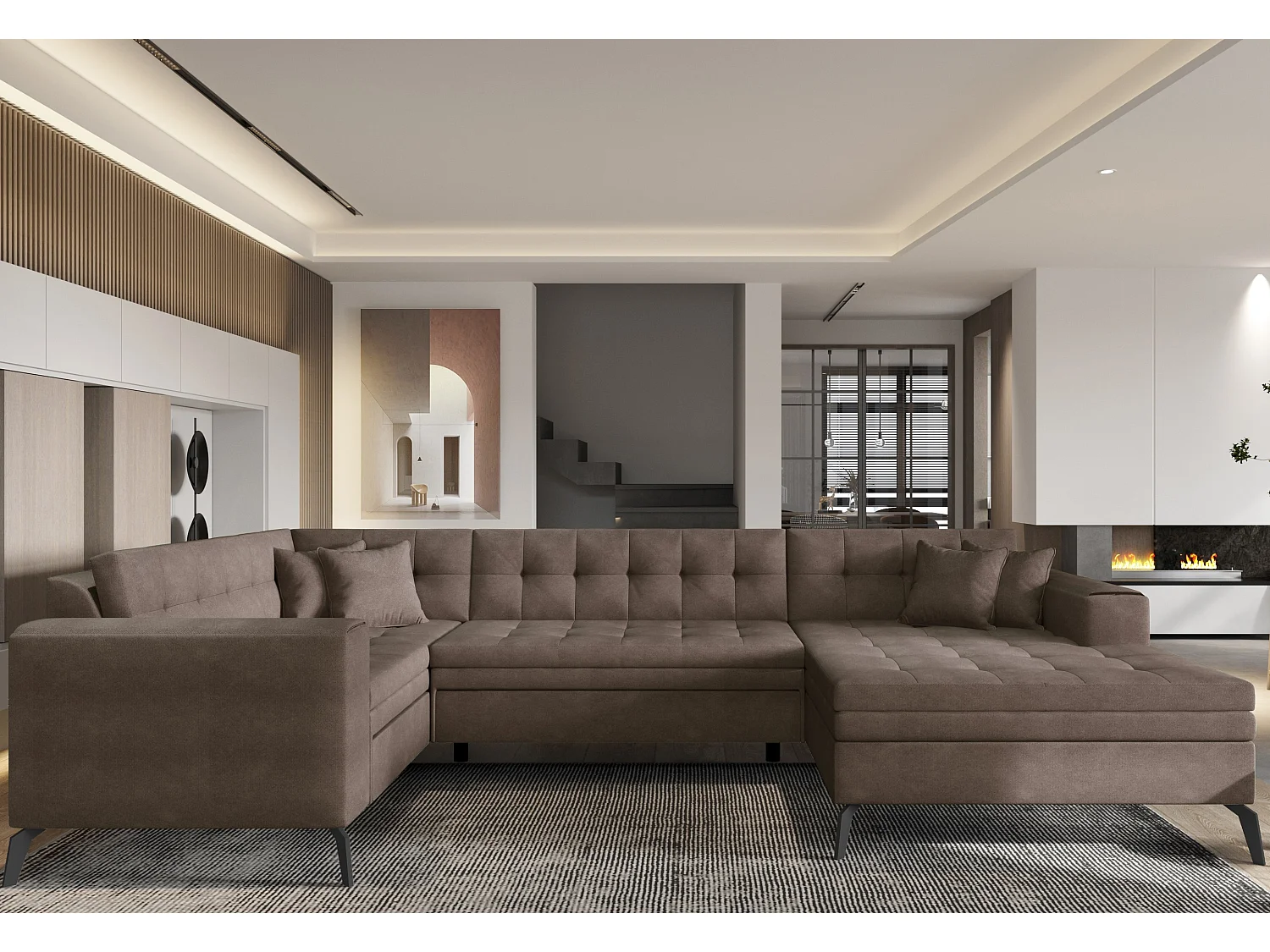 Canapé panoramique convertible droit tissu marron matelassé Bonty 340cm