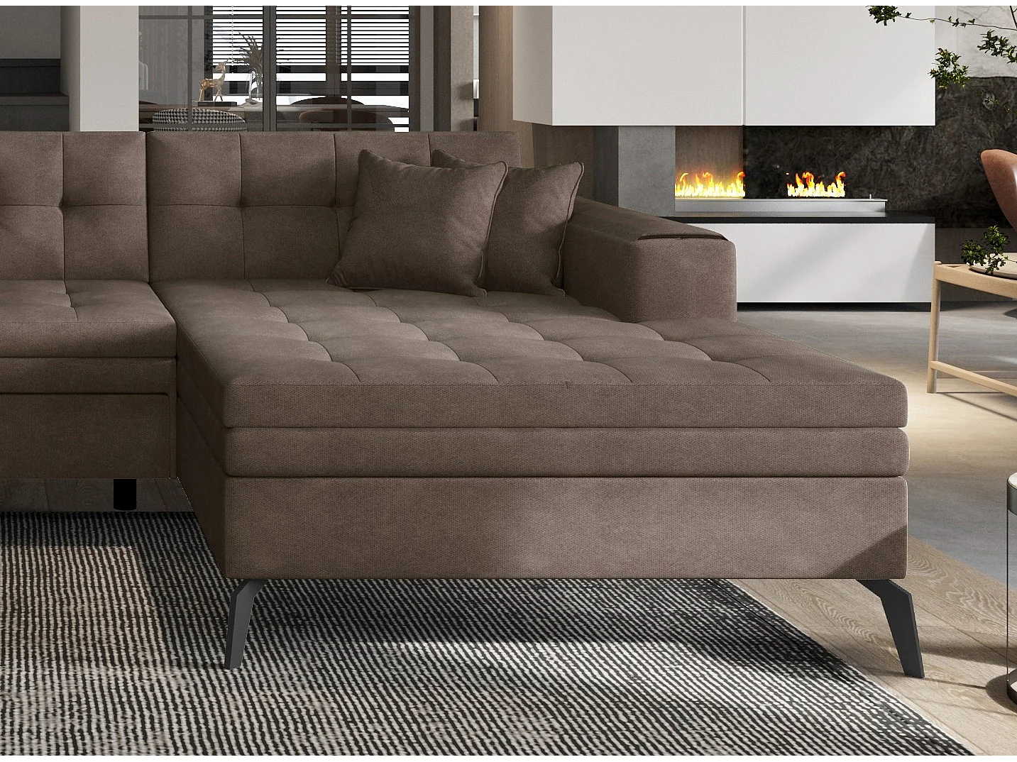 Canapé d'angle panoramique convertible 5 places en tissu matelasse marron