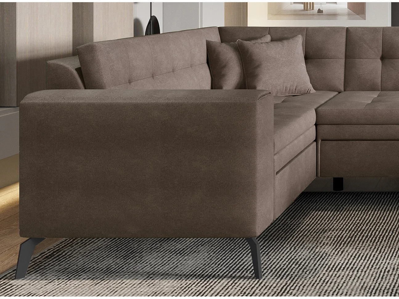 Canapé d'angle panoramique convertible 5 places en tissu matelasse marron