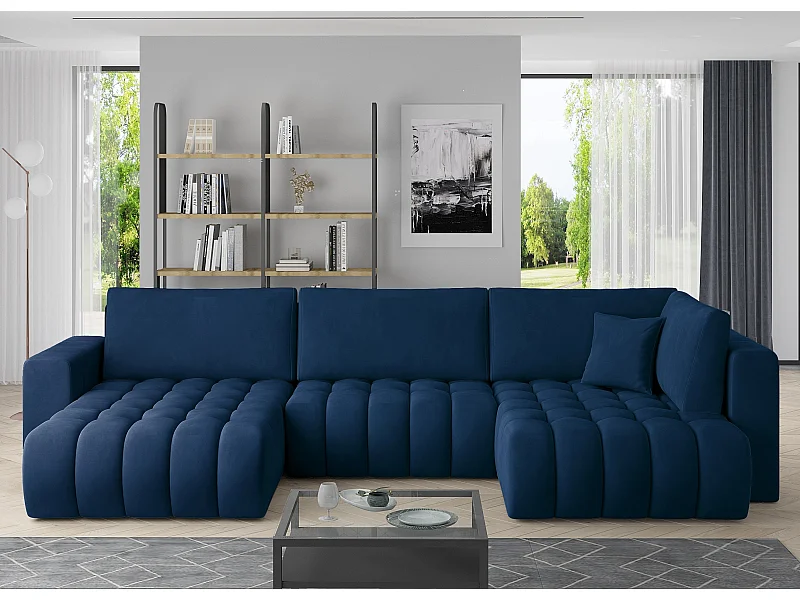 Canapé panoramique convertible design capitonné tissu bleu foncé méridienne gauche Boston 350cm