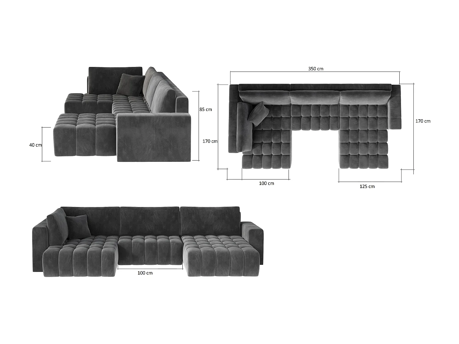 Canapé panoramique convertible design capitonné tissu bleu foncé méridienne gauche Boston 350cm