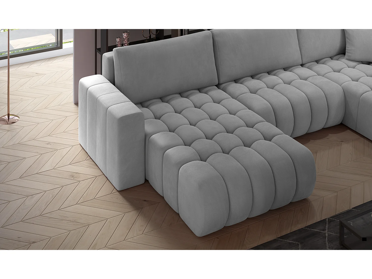 Canapé panoramique convertible design capitonné tissu bleu foncé méridienne gauche Boston 350cm