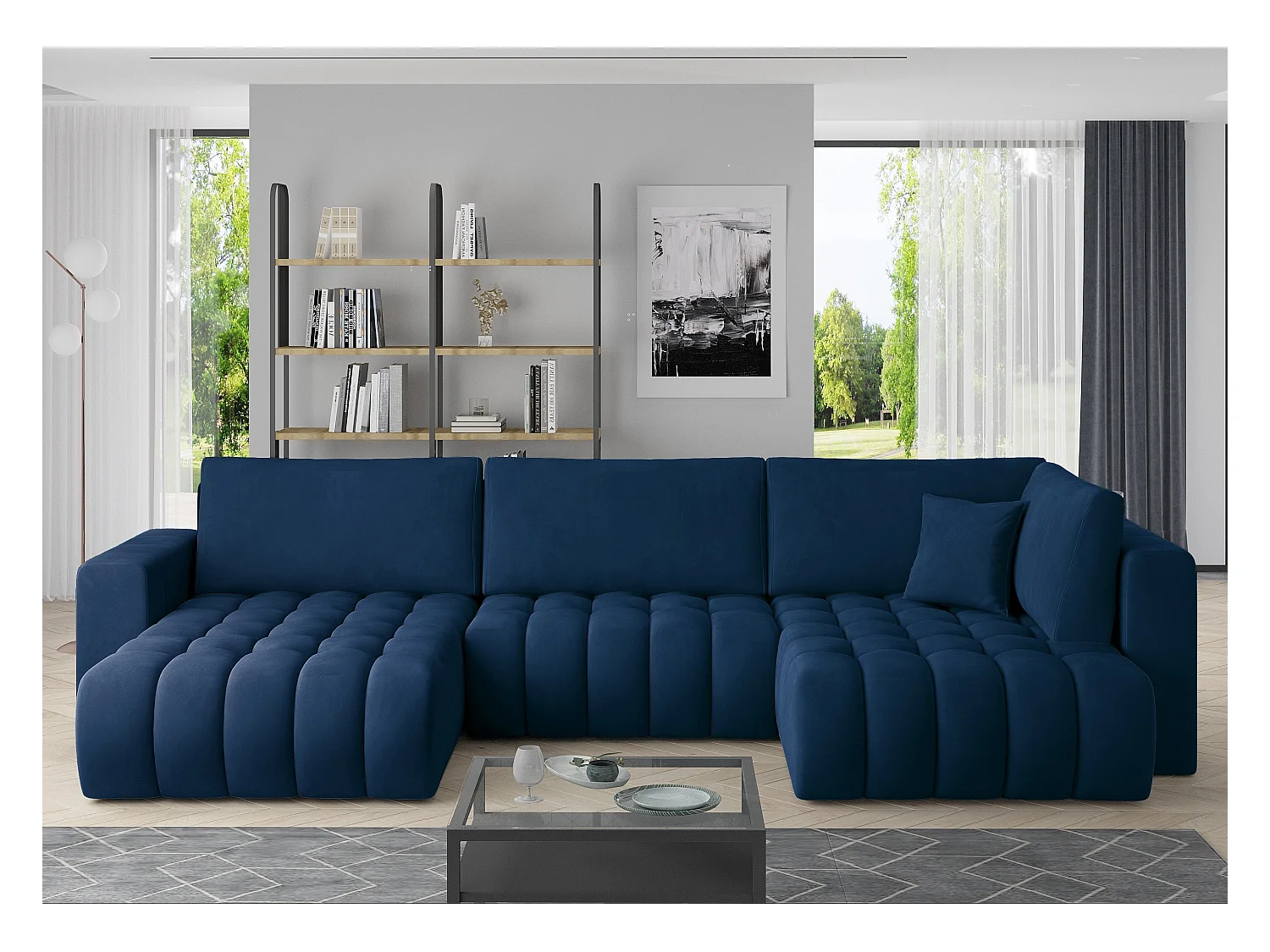Panoramische converteerbare designbank gecapitonneerd donkerblauwe stof links chaise longue Boston 350 cm