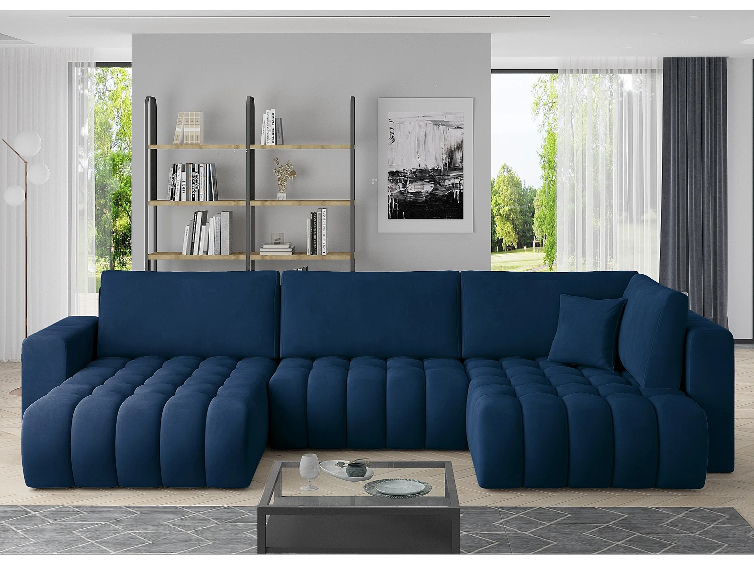 Canapé panoramique convertible design capitonné tissu bleu foncé méridienne gauche Boston 350cm