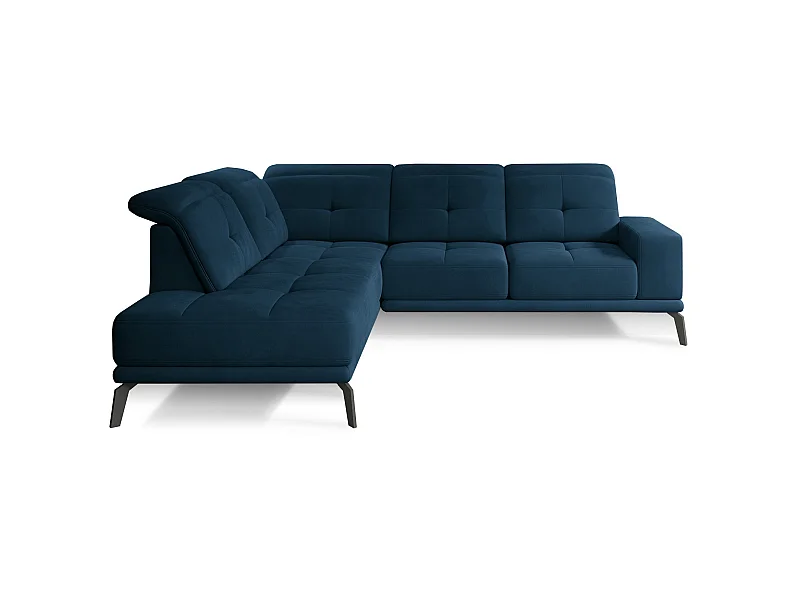Canapé d'angle gauche design matelassé tissu doux brillant bleu nuit et pied noir Kazane 275cm