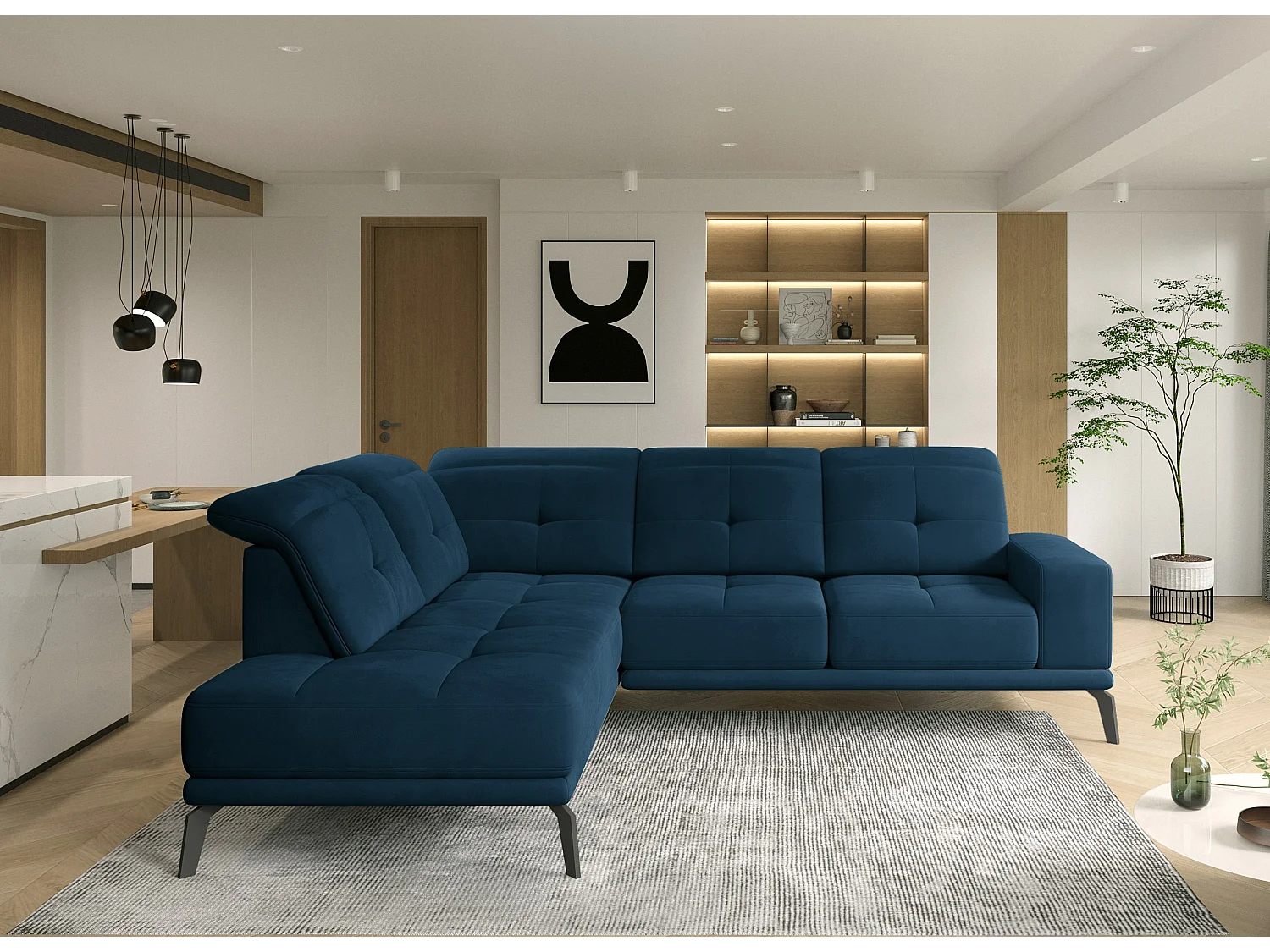 Canapé d'angle gauche design matelassé tissu doux brillant bleu nuit et pied noir Kazane 275cm