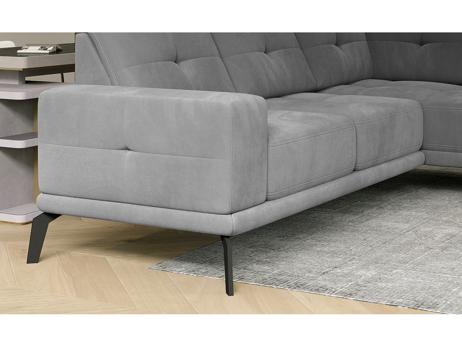 Canapé d'angle gauche design matelassé tissu doux brillant bleu nuit et pied noir Kazane 275cm