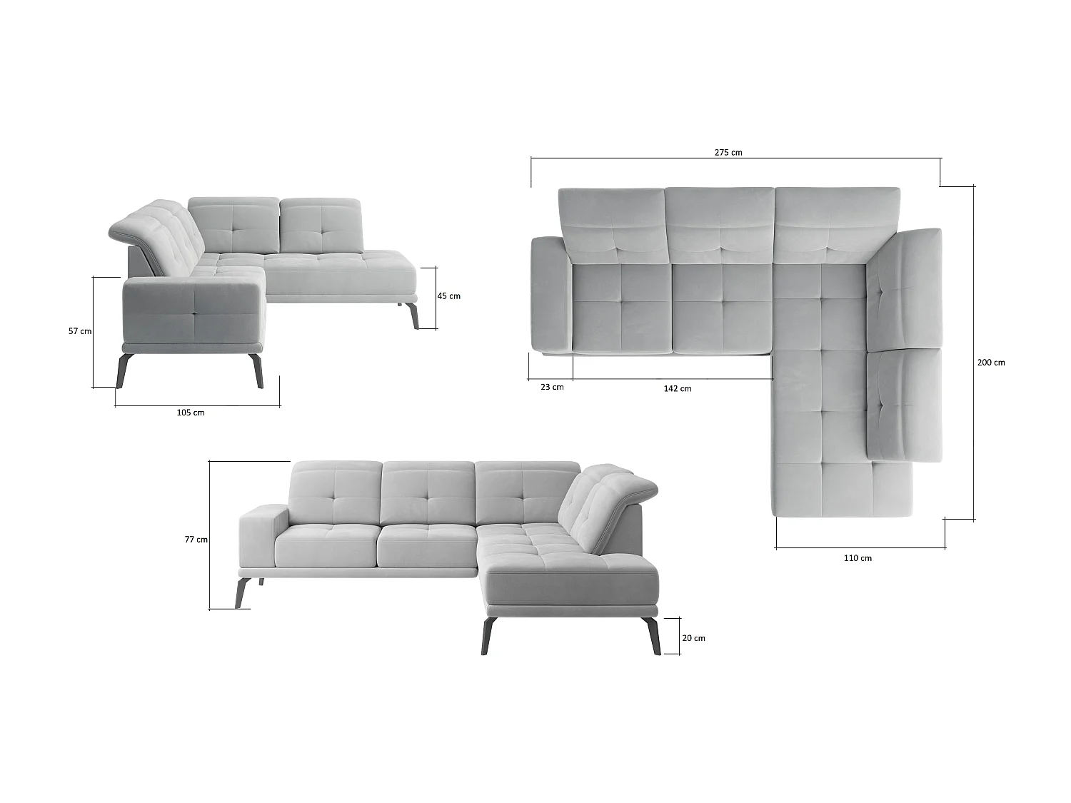 Canapé d'angle gauche design matelassé tissu doux brillant bleu nuit et pied noir Kazane 275cm