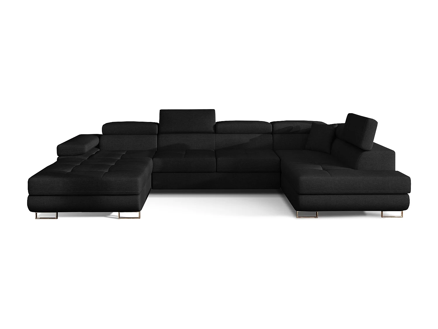 Canapé panoramique tissu noir convertible avec coffre de rangement Romano 345cm-Coffre de rangement à droite