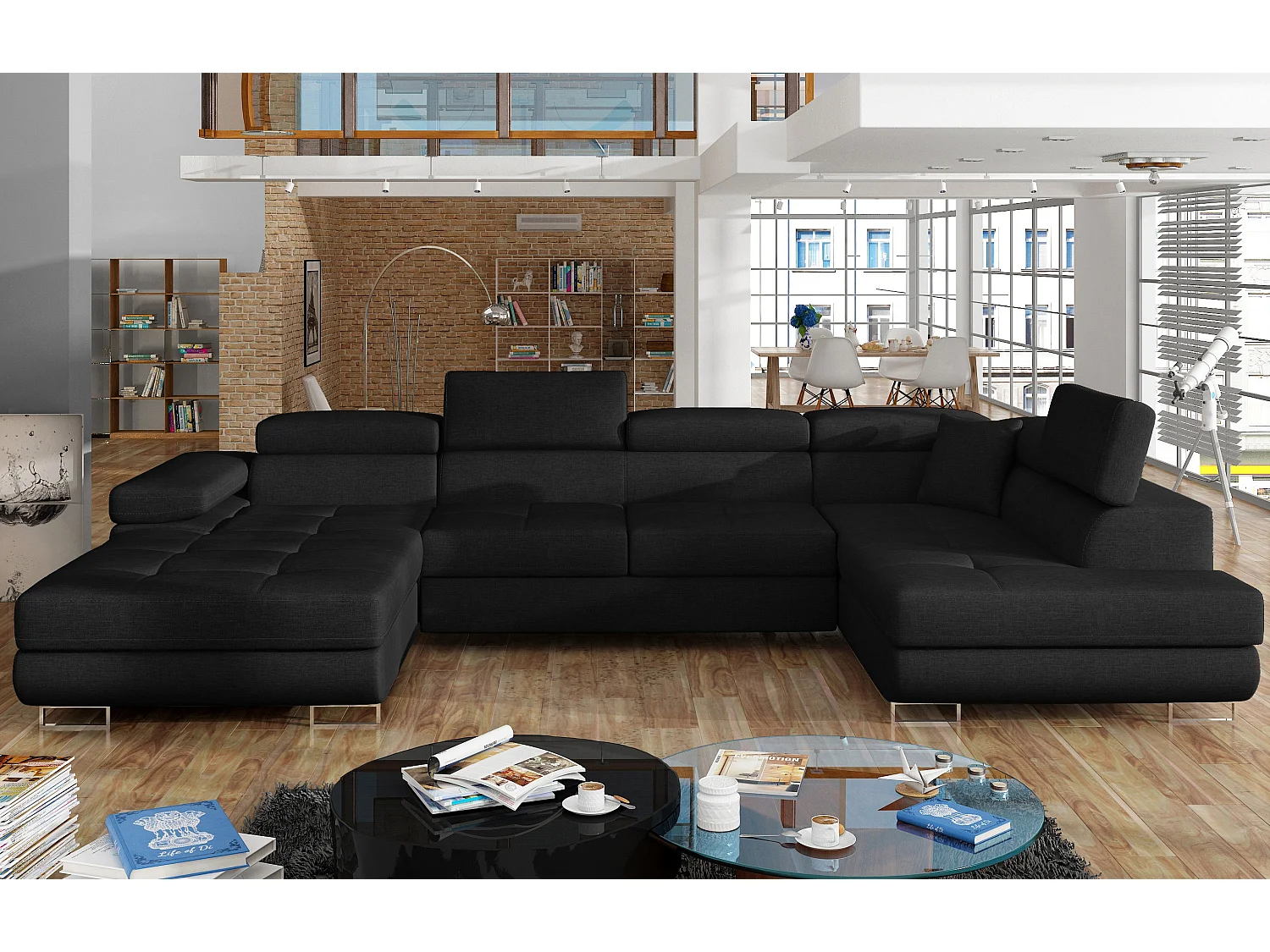 Canapé panoramique tissu noir convertible avec coffre de rangement Romano 345cm-Coffre de rangement à droite