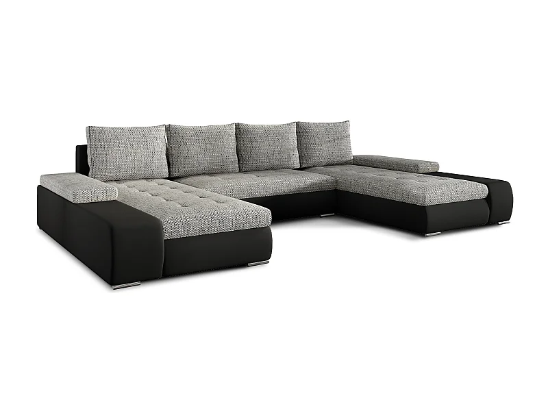 Grand canapé convertible panoramique design tissu gris chiné et simili cuir noir avec coffre de rangement Tino 363cm