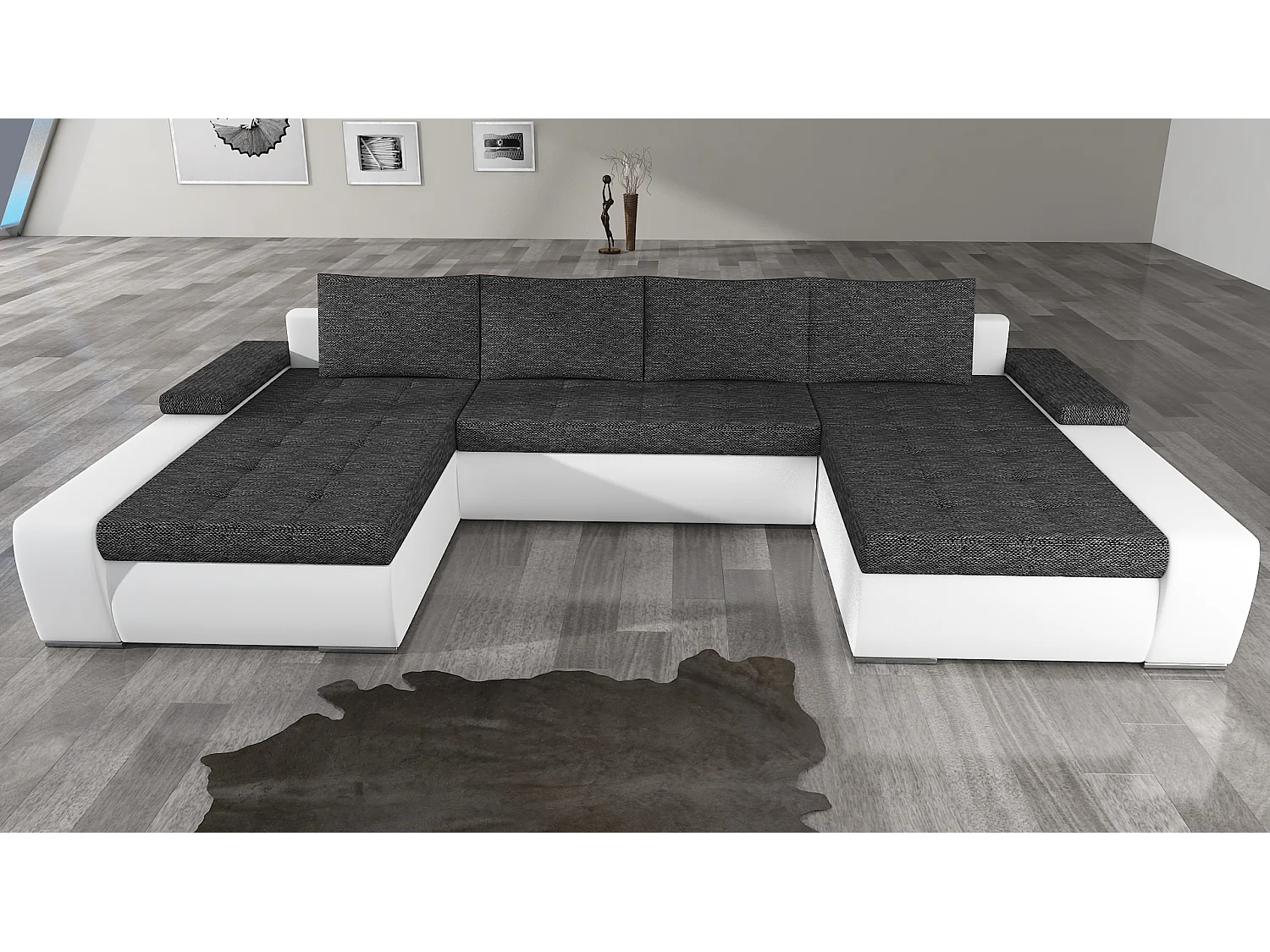 Grand canapé convertible panoramique design tissu gris chiné et simili cuir noir avec coffre de rangement Tino 363cm