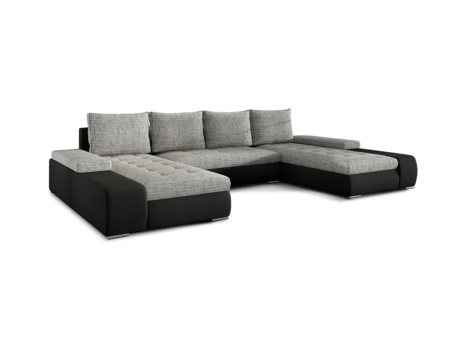 Grand canapé convertible panoramique design tissu gris chiné et simili cuir noir avec coffre de rangement Tino 363cm