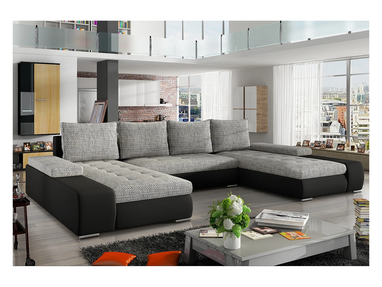 Grote design panoramische slaapbank in grijs gemêleerde stof en zwart kunstleer met Tino opbergdoos 363 cm