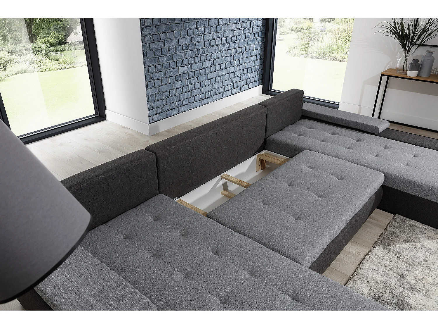 Grote design panoramische slaapbank in grijs gemêleerde stof en zwart kunstleer met Tino opbergdoos 363 cm