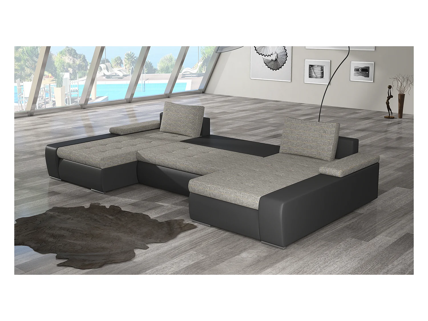 Grote design panoramische slaapbank in grijs gemêleerde stof en zwart kunstleer met Tino opbergdoos 363 cm