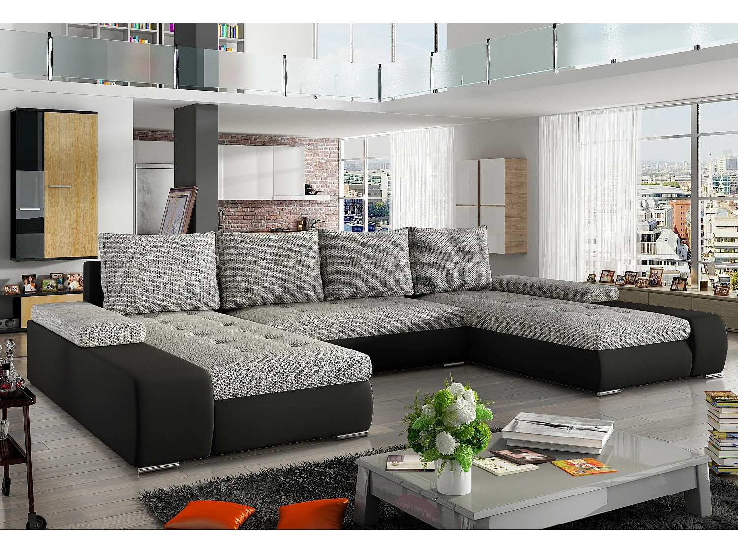 Grand canapé convertible panoramique design tissu gris chiné et simili cuir noir avec coffre de rangement Tino 363cm