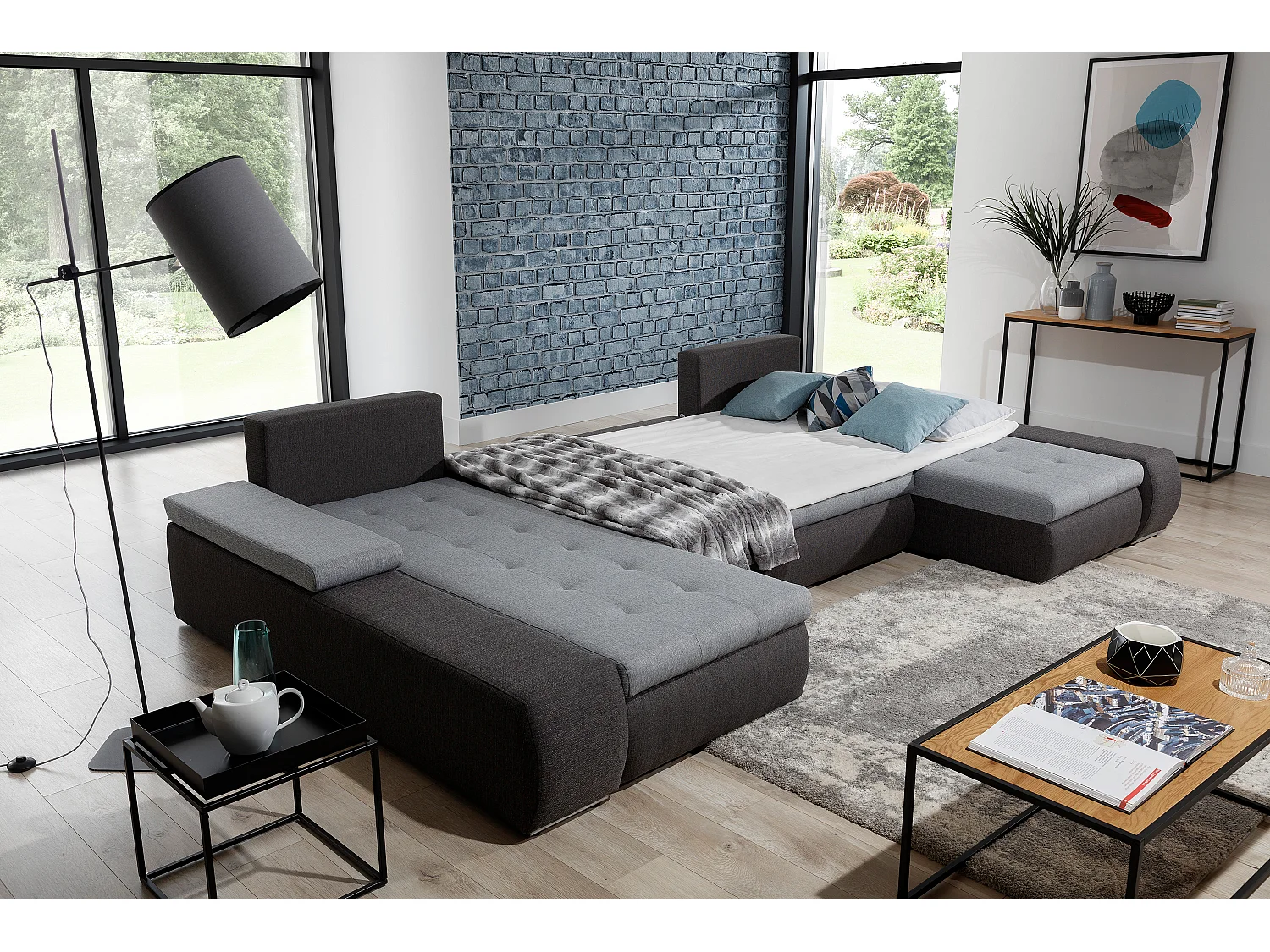 Grand canapé convertible panoramique design tissu gris chiné et simili cuir noir avec coffre de rangement Tino 363cm