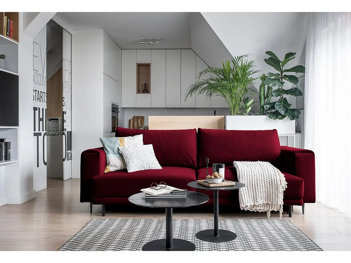 Canapé convertible design 4 places velours bordeaux et pieds métal noir Arkia 260cm