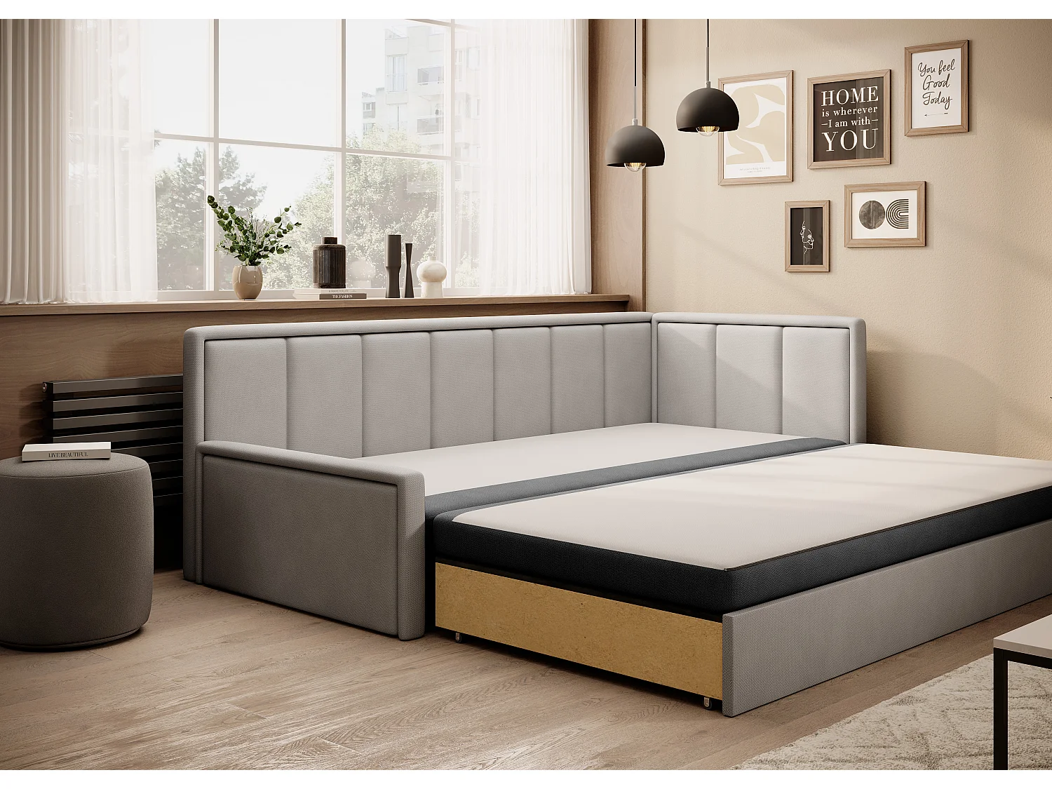 Canapé banquette convertible 3 places tissu doux Figo 214cm-Couleur Beige clair-angle gauche