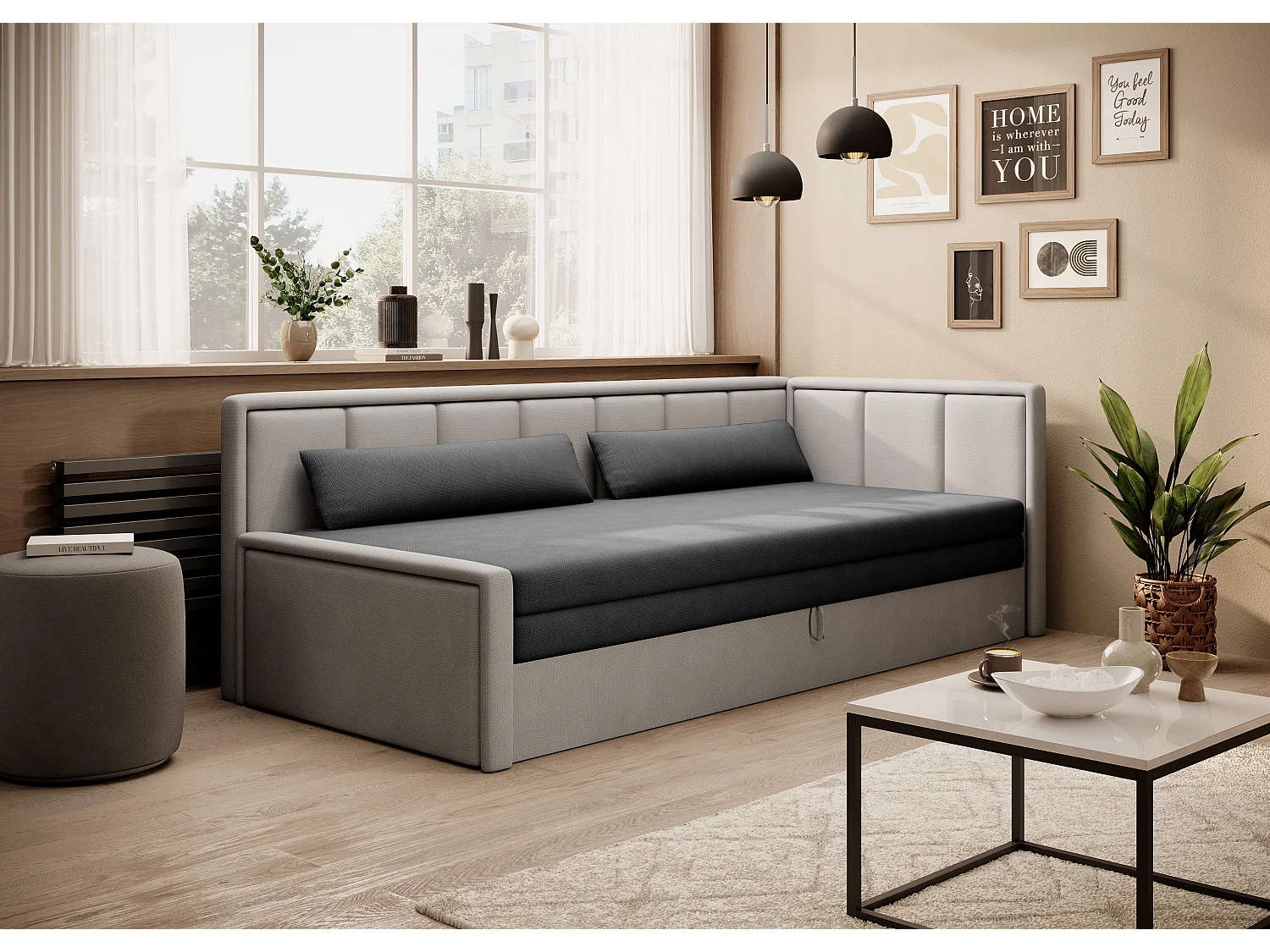 Canapé banquette convertible 3 places tissu doux Figo 214cm-Couleur Beige clair-angle gauche