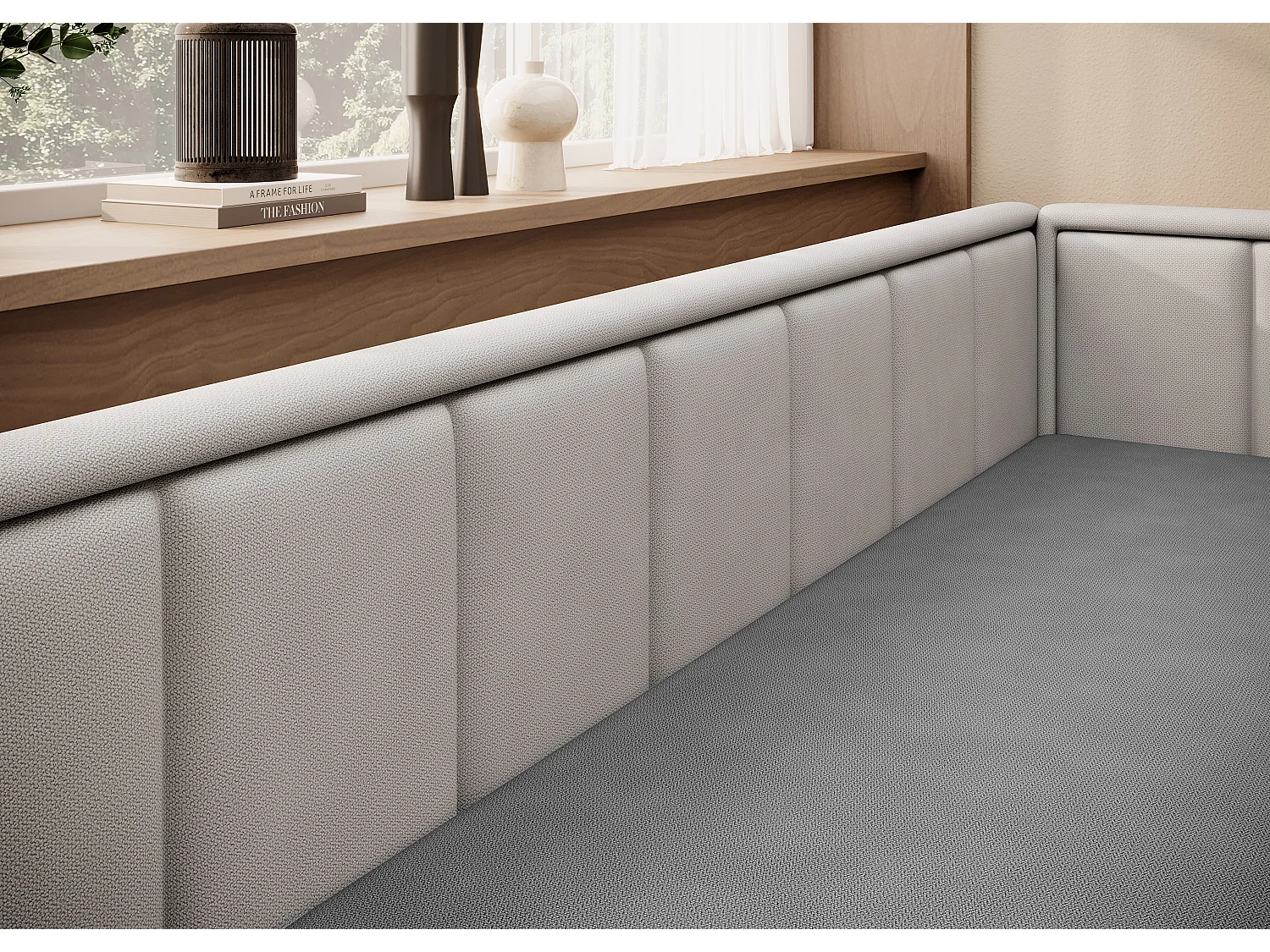 Canapé banquette convertible 3 places tissu doux Figo 214cm-Couleur Beige clair-angle gauche