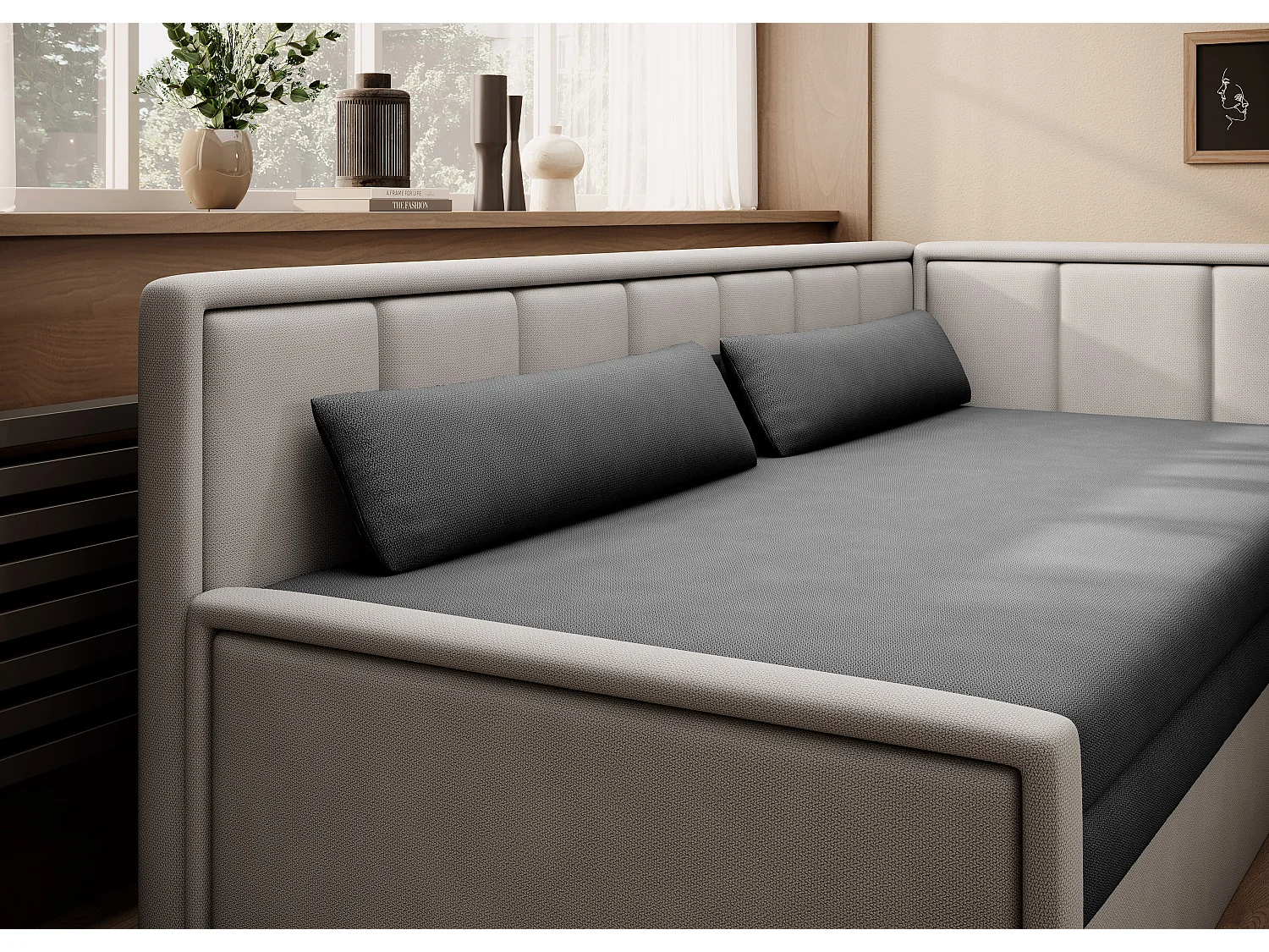 Canapé banquette convertible 3 places tissu doux Figo 214cm-Couleur Beige clair-angle gauche