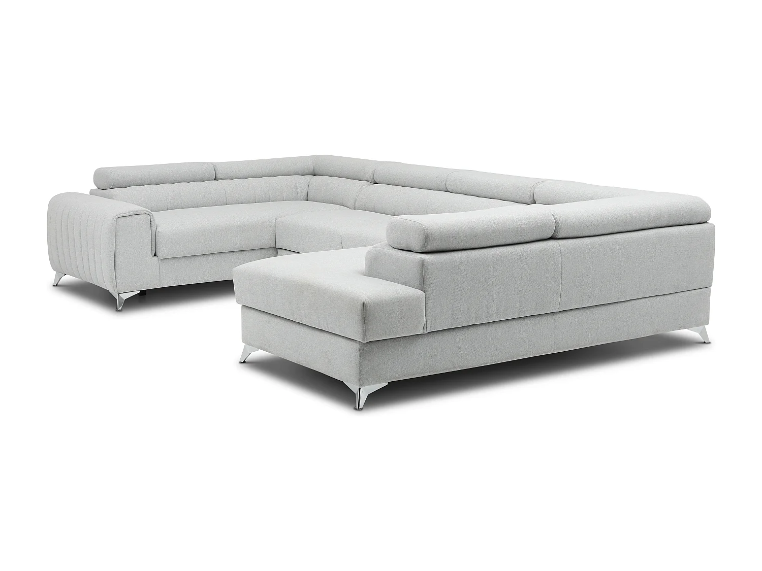 Canapé panoramique convertible tissu beige chiné avec coffre de rangement Louve 340cm-Coffre de rangement à droite