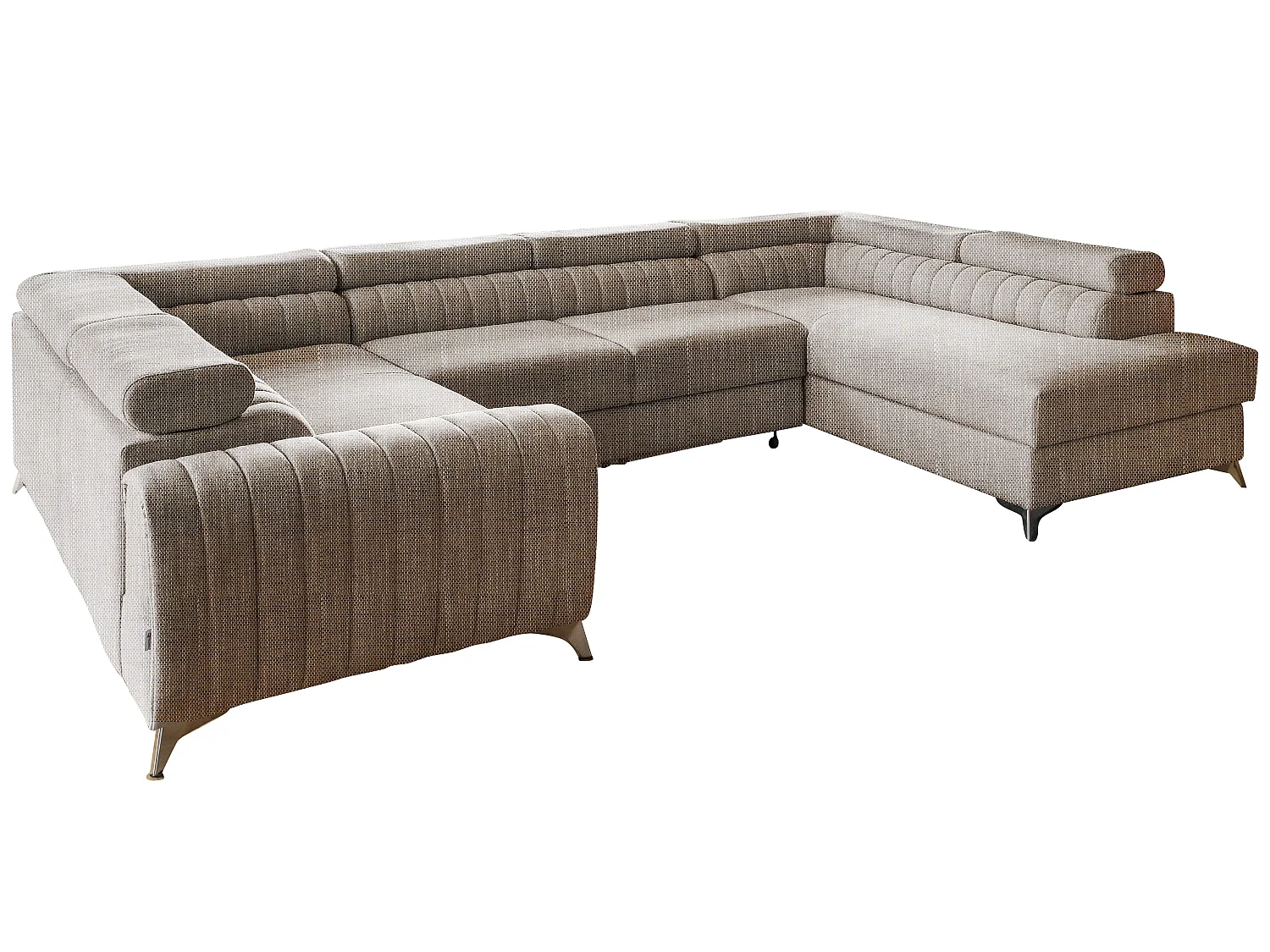 Canapé panoramique convertible LOUVE tissu - Rangement et têtières réglables-Beige chiné-Coffre à droite