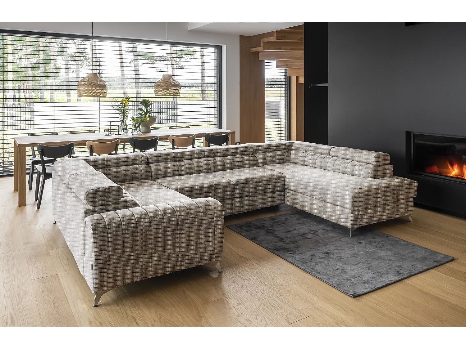 Canapé panoramique convertible LOUVE tissu - Rangement et têtières réglables-Beige chiné-Coffre à droite