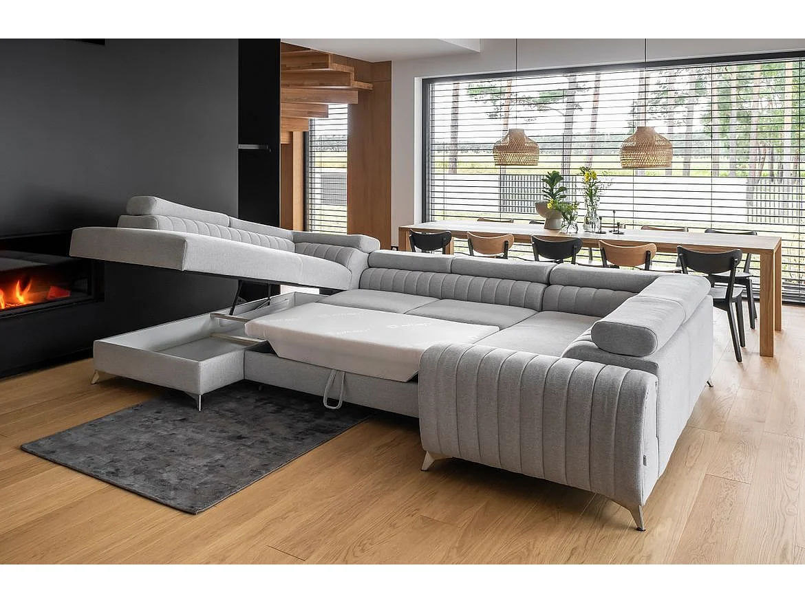 Canapé panoramique convertible LOUVE tissu - Rangement et têtières réglables-Beige chiné-Coffre à droite