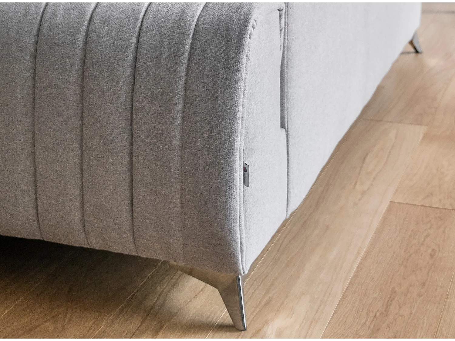 Canapé panoramique convertible LOUVE tissu - Rangement et têtières réglables-Beige chiné-Coffre à droite