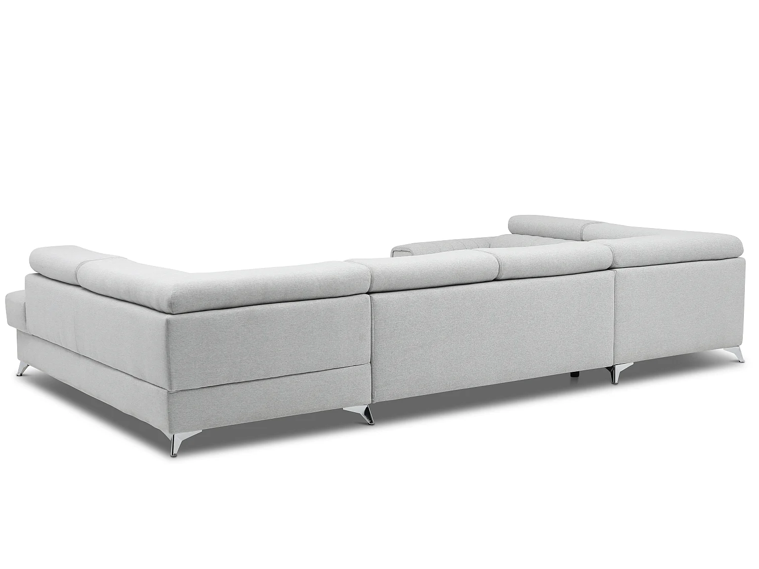 Canapé panoramique convertible LOUVE tissu - Rangement et têtières réglables-Beige chiné-Coffre à droite