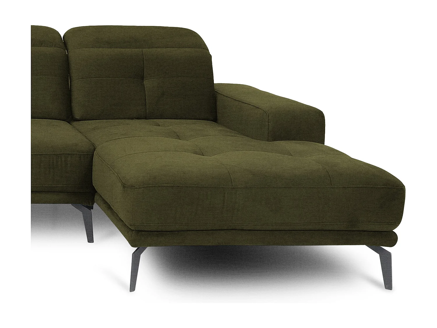 Canapé panoramique design tissu vert olive têtières angle gauche avec accoudoir Stan 350cm