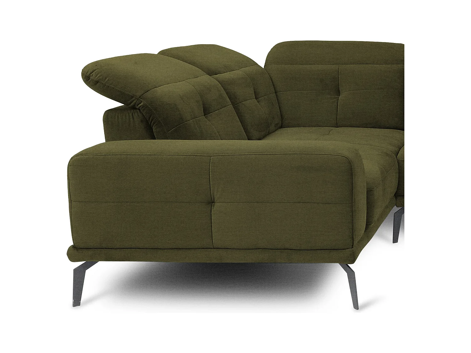 Panoramische designbank in olijfgroene stof hoofdsteunen linkerhoek met Stan armleuning 350 cm