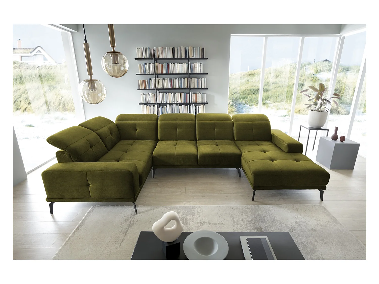 Panoramische designbank in olijfgroene stof hoofdsteunen linkerhoek met Stan armleuning 350 cm