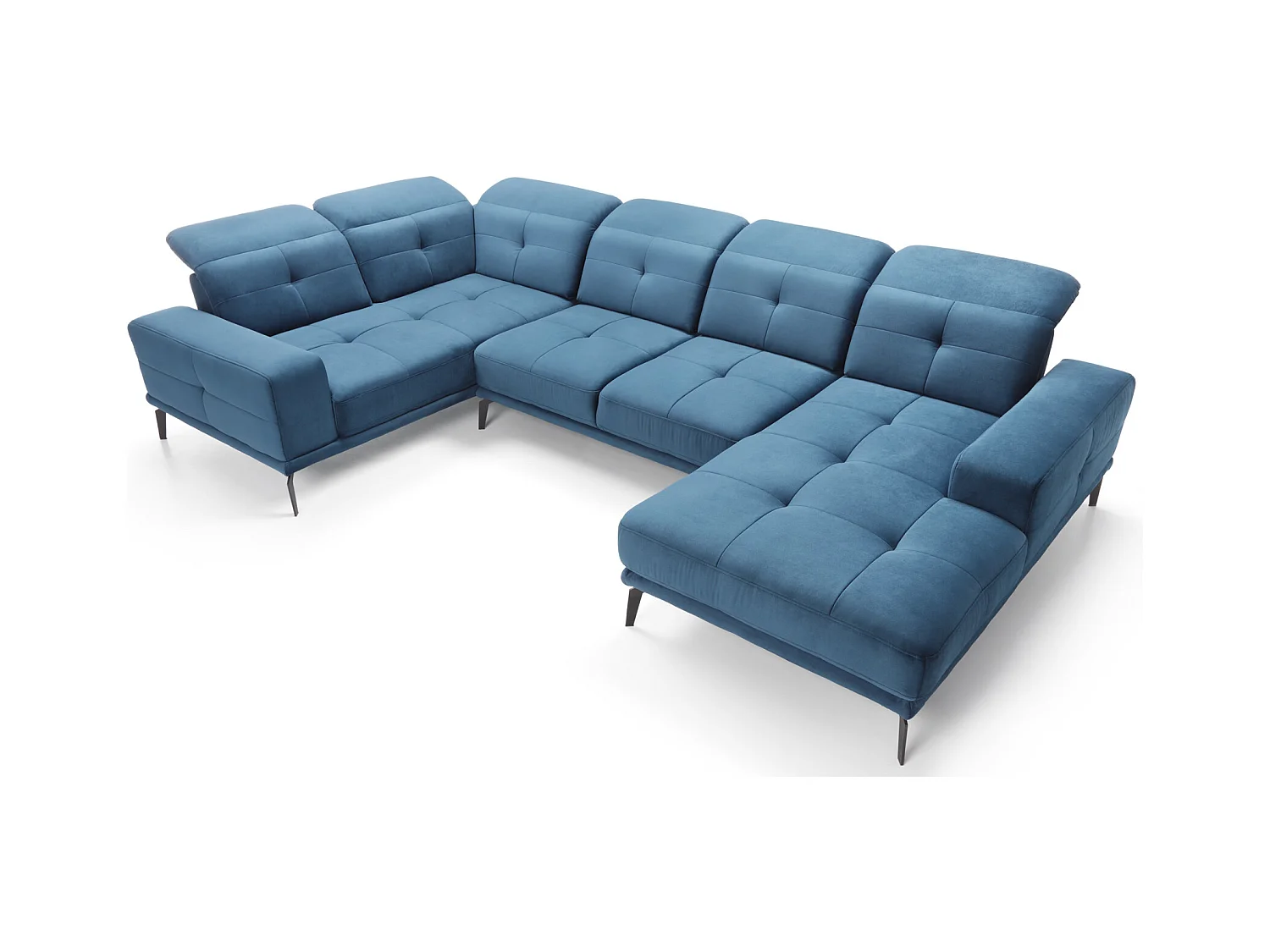 Panoramische designbank in olijfgroene stof hoofdsteunen linkerhoek met Stan armleuning 350 cm