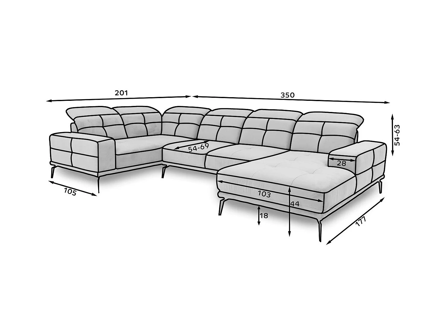 Panoramische designbank in olijfgroene stof hoofdsteunen linkerhoek met Stan armleuning 350 cm
