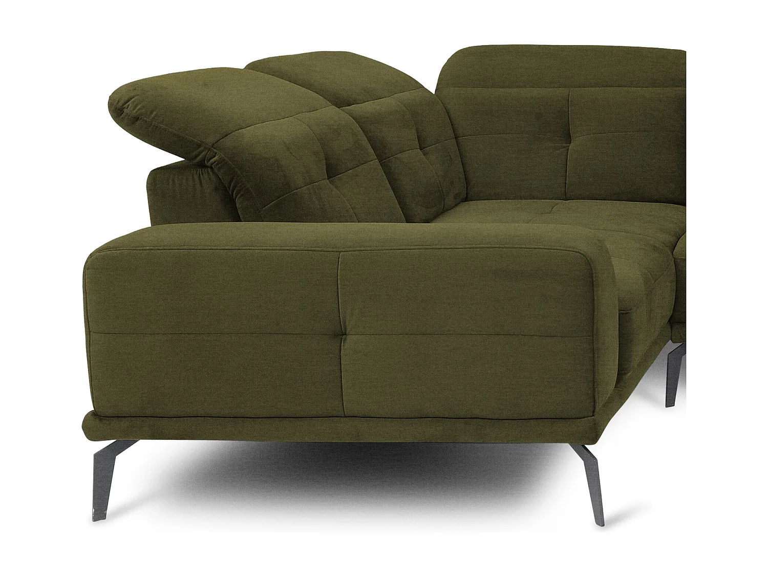 Canapé panoramique design tissu vert olive têtières angle gauche avec accoudoir Stan 350cm