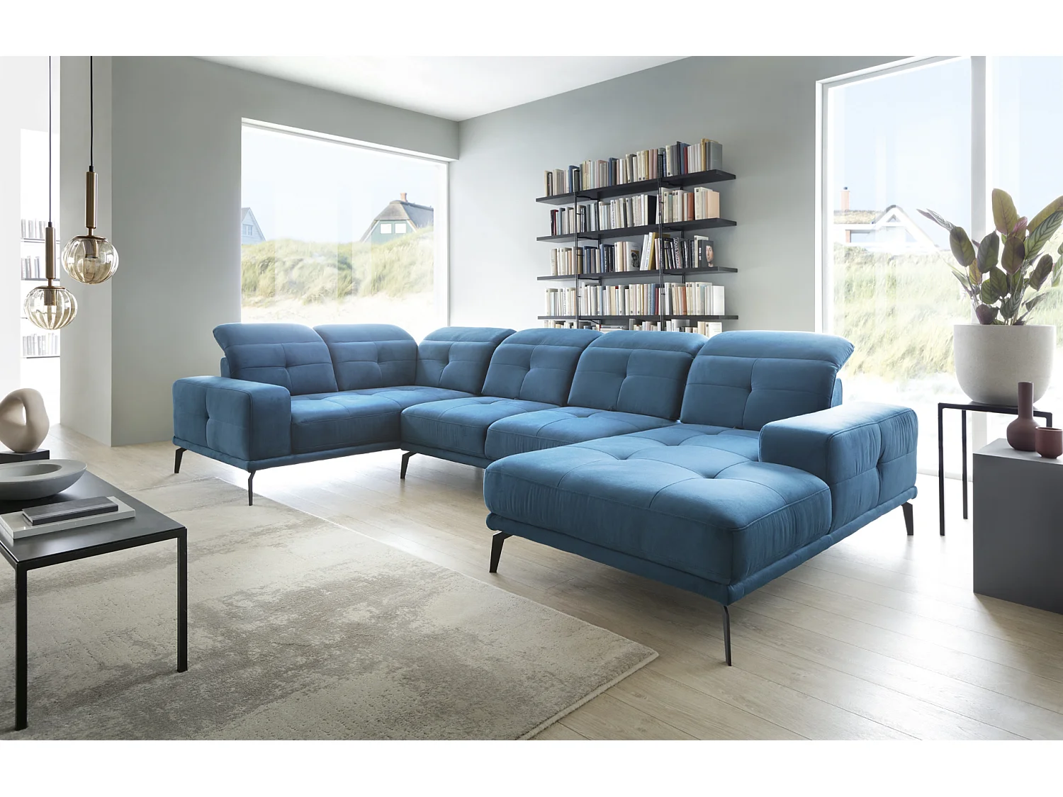 Canapé panoramique design tissu vert olive têtières angle gauche avec accoudoir Stan 350cm