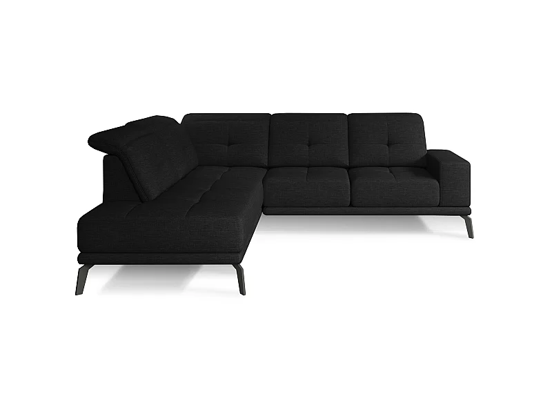 Canapé d'angle gauche design matelassé tissu noir et pied noir Kazane 275cm