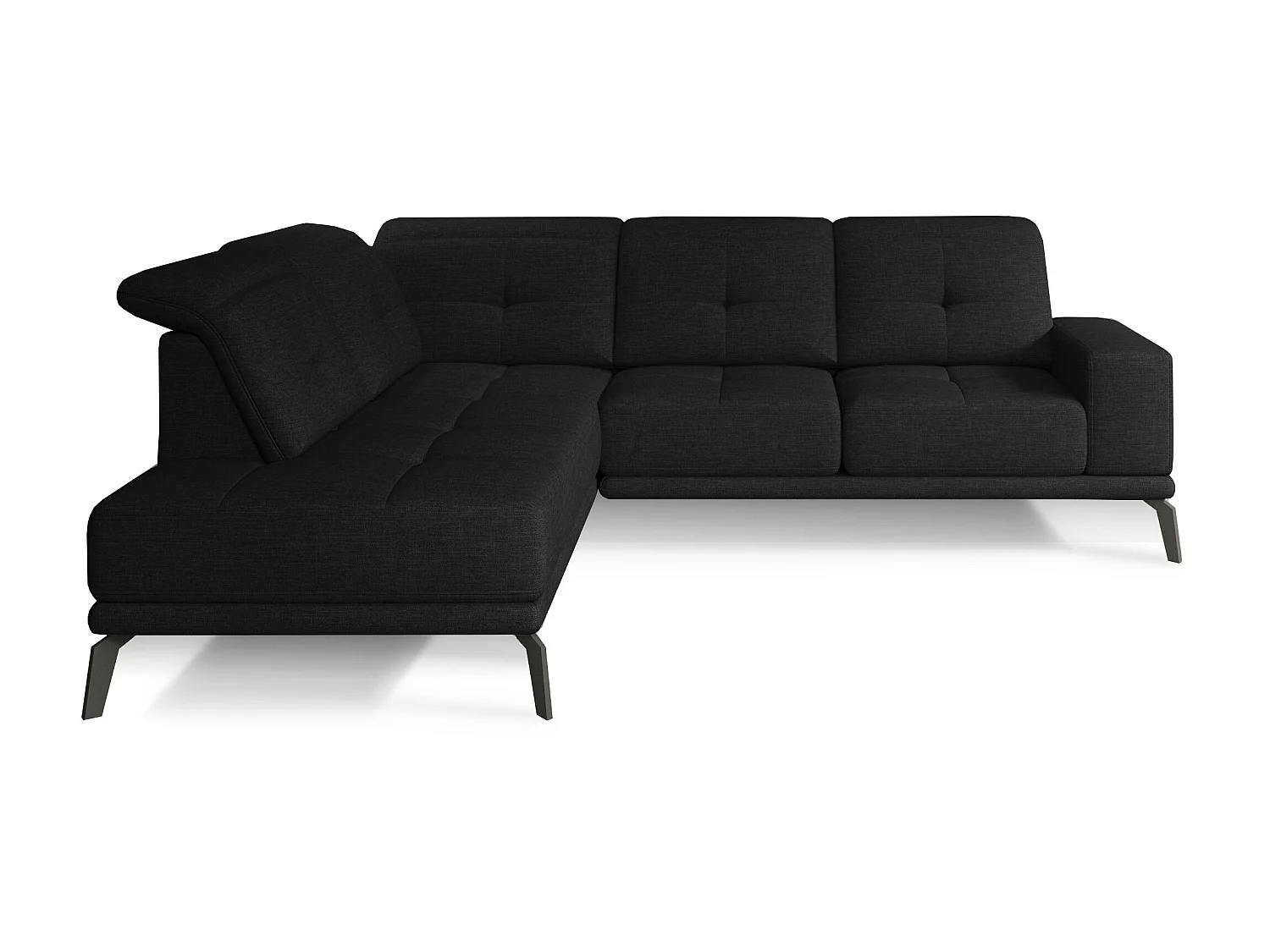 Canapé d'angle gauche design matelassé tissu noir et pied noir Kazane 275cm