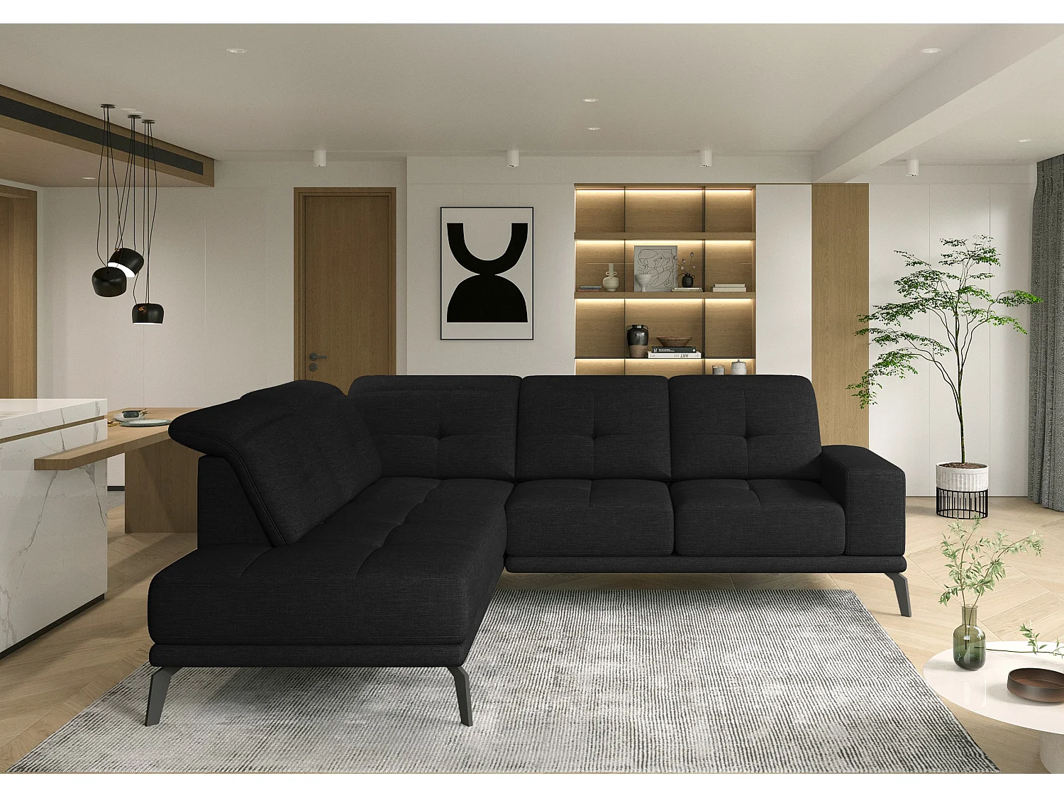 Canapé d'angle gauche design matelassé tissu noir et pied noir Kazane 275cm